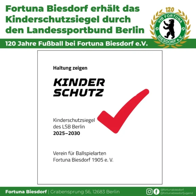 Fortuna Biesdorf hat das Kinderschutzsiegel des LSB Berlin erhalten!